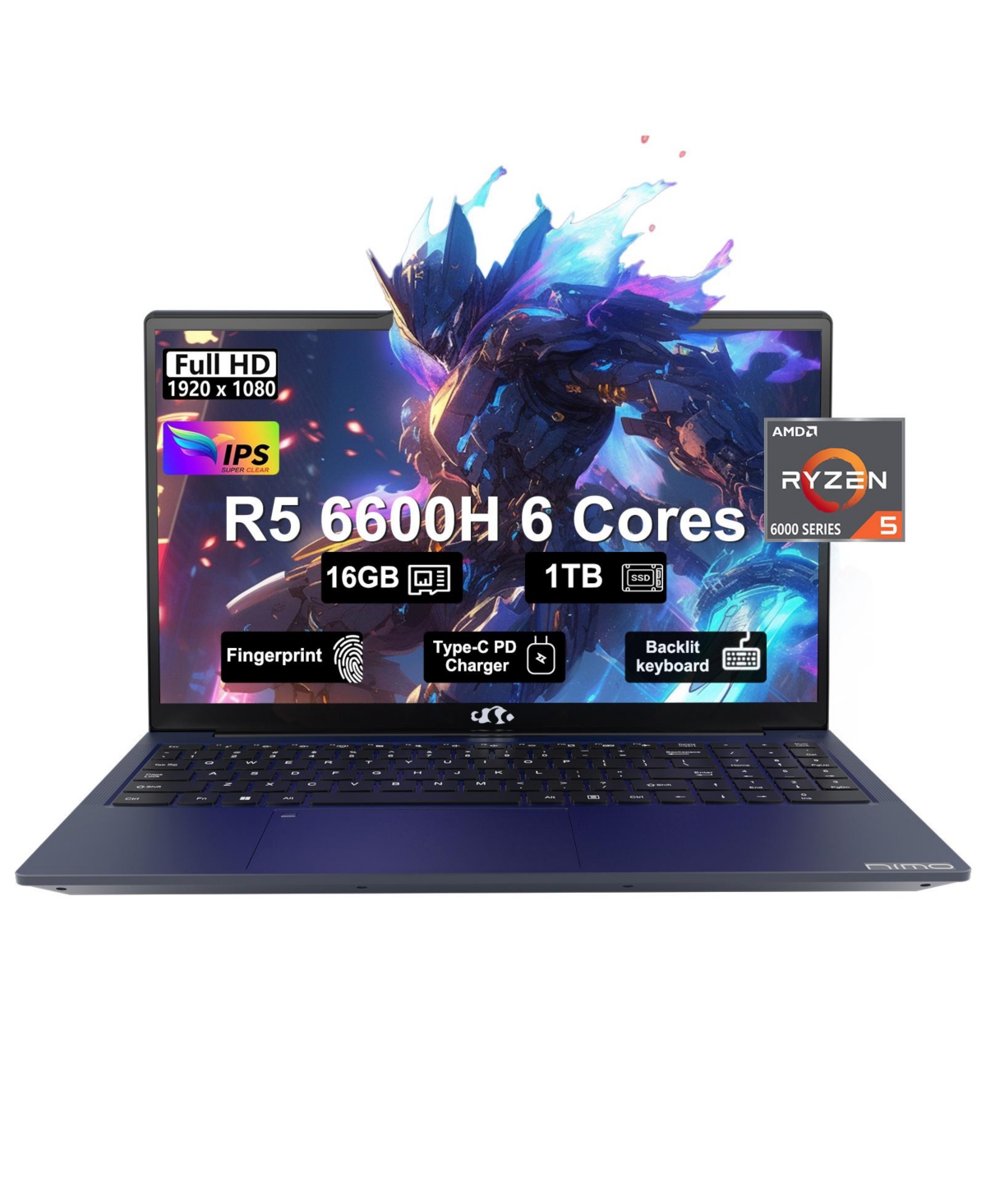 Nimo 15.6 Gaming Laptop Amd Ryzen 5 6600H 6-Cores 16GB DDR5 Ram 1TB Ssd 4.5GHz