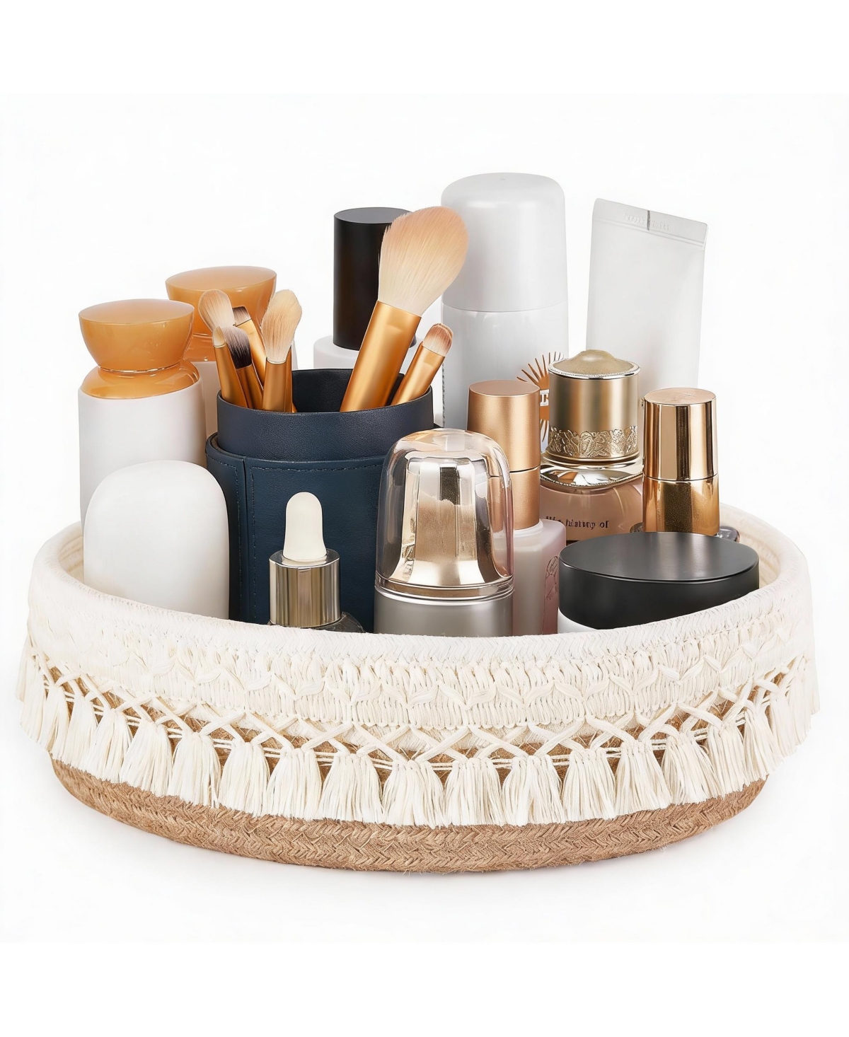 Yigii Macrame Makeup Basket with Tassels for Storage - Boho Decor - Multi-Purpose - Brown