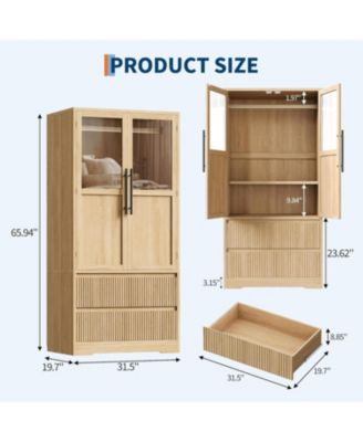 Wooden Armoire Wardrobe Closet, Freestanding Storage Cabinet with Glass Doors, Drawers, Shelves and Hanging Rod