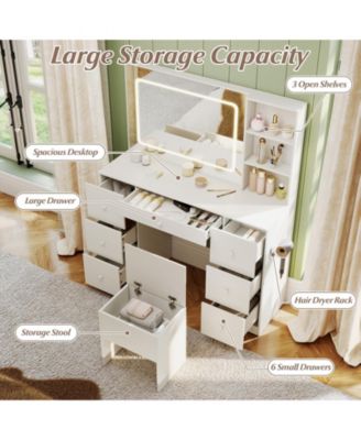 Vanity Desk and Stool Set with Lighted Mirror, Makeup Dressing Table