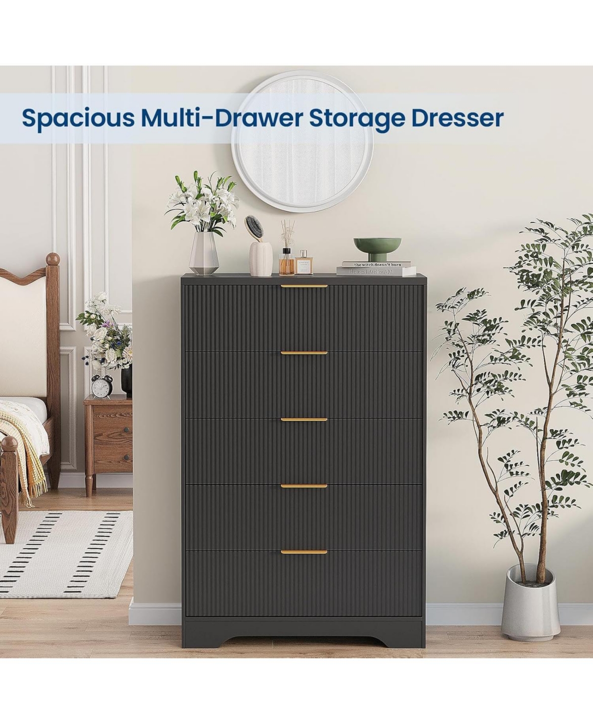 gaomon Dresser for Bedroom with 5 Drawers, Wave Fluted Modern Chest of Tall Wood Storage Organizer Nursery, Hallway, Living Room, Closet