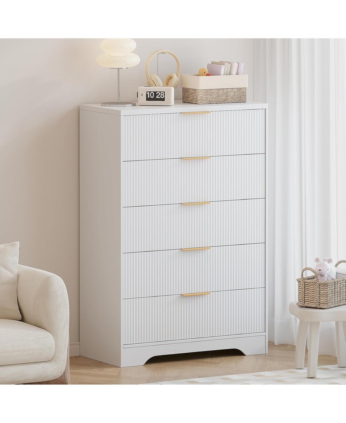 gaomon Dresser for Bedroom with 5 Drawers, Wave Fluted Modern Chest of Tall Wood Storage Organizer Nursery, Hallway, Living Room, Closet