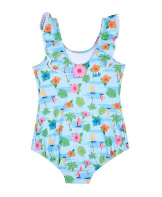Baby Girl Tropical Print Ruffle Neck Swimsuit