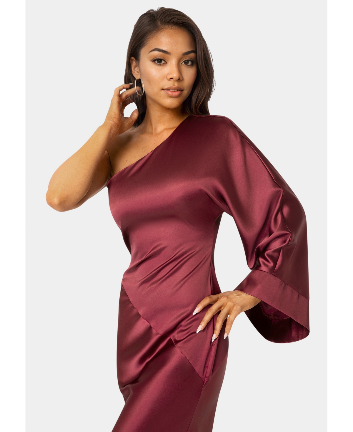 Bebe Women's One Shoulder Bell Sleeve Satin Maxi Dress