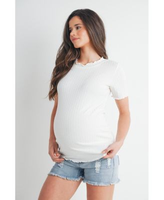 Women's Maternity Ribbed Crew Neck Short Sleeve Top with Lettuce Hem