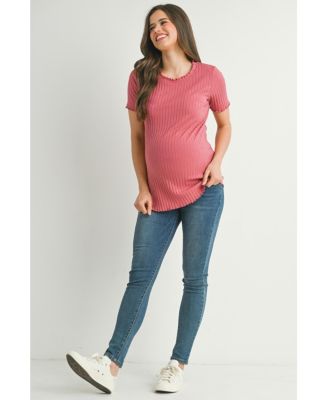 Women's Maternity Ribbed Crew Neck Short Sleeve Top with Lettuce Hem