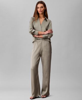 Calvin Klein Women's Hammered Fitted Collared Shirt and Hammered Pull-On Pants