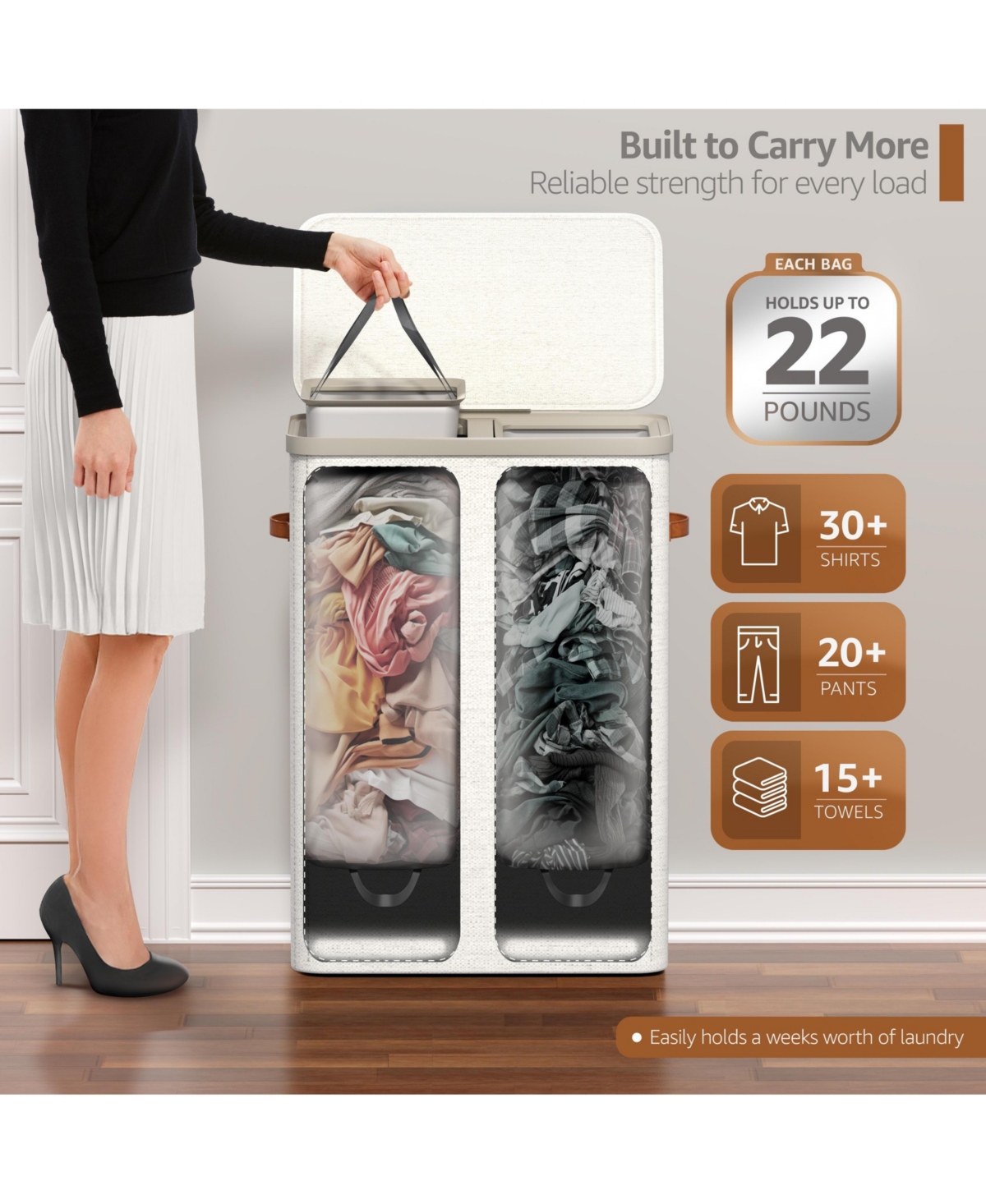 Sorbus 2-Compartment Laundry Basket with Removable Bag - Durable Organizer for Bathroom, Bedroom, or Room Space Saving Design