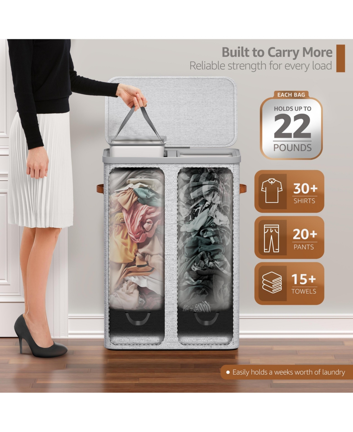 Sorbus 2-Compartment Laundry Basket with Removable Laundry Bag - Durable Organizer for Bathroom, Bedroom, or Laundry Room - Space Saving Design