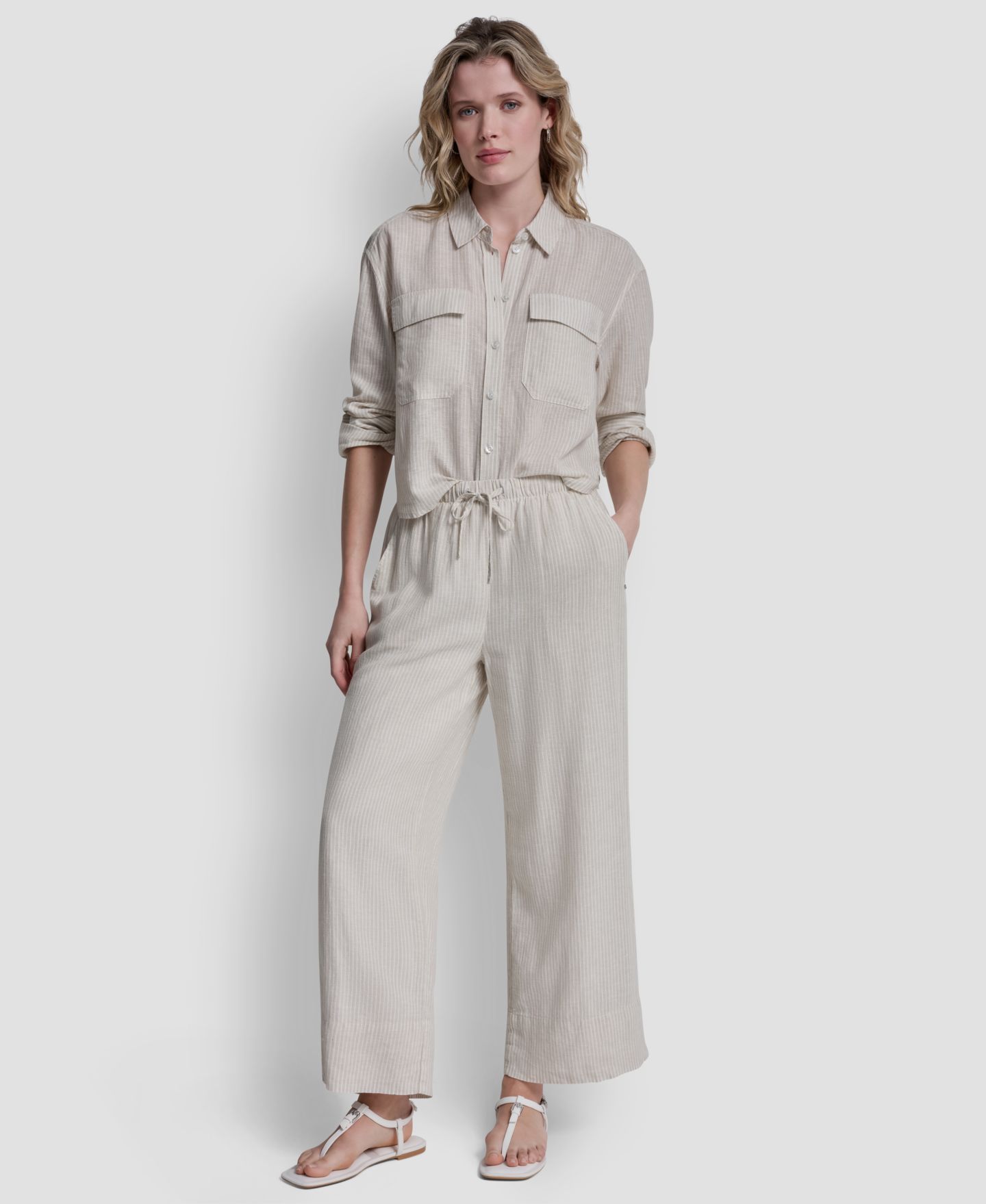 Женские брюки DKNY Jeans Petite Linen-Blend High-Waist Wide-Leg Drawstring, цвет: Галечный — фото 2