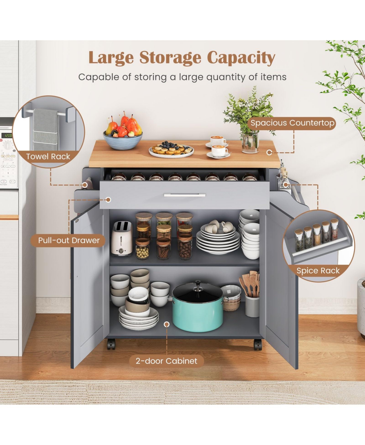 Volenca Kitchen Island Cart with Towel Rack and Spice Rack
