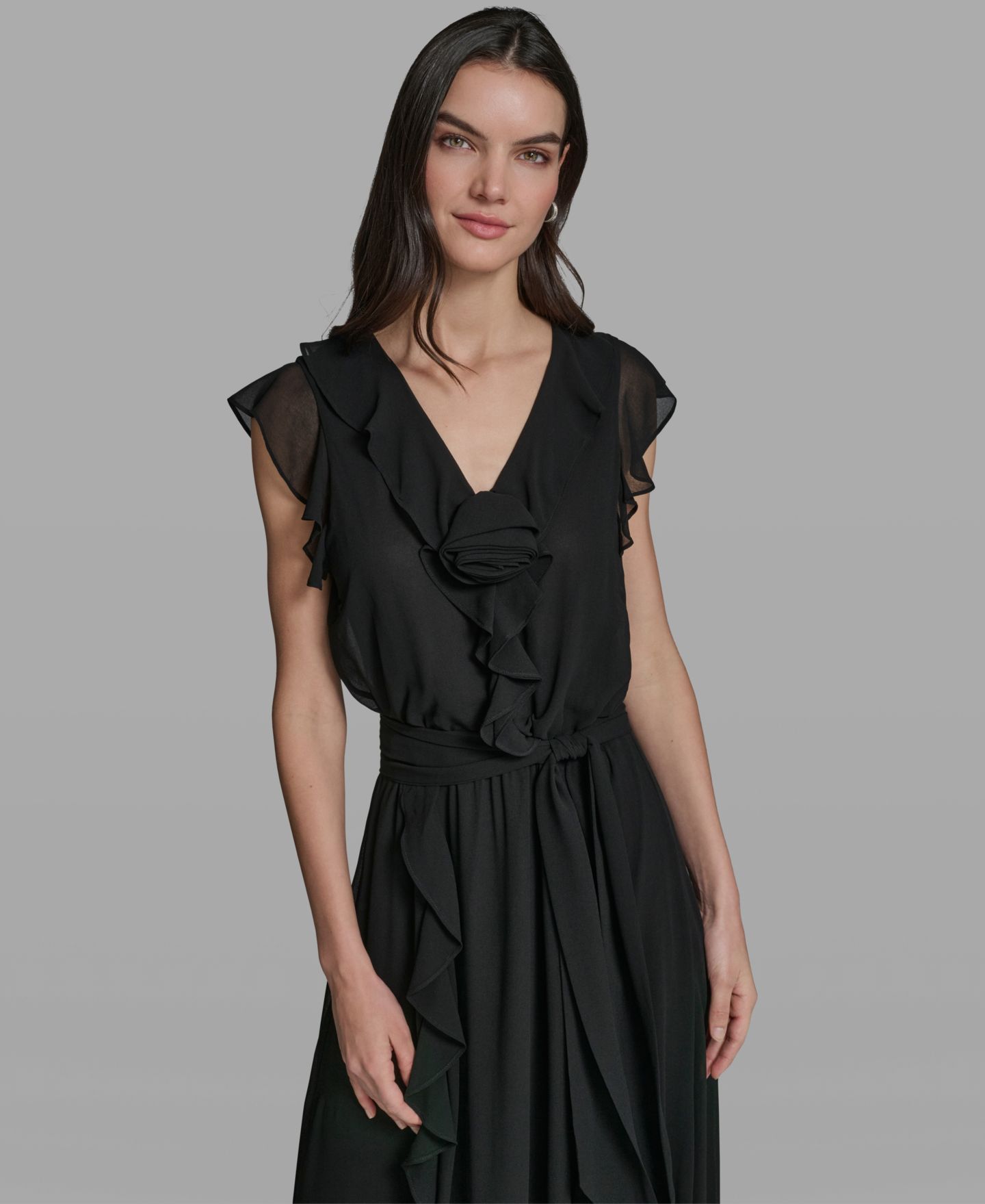Женское платье KARL LAGERFELD PARIS V-Neck Ruffle Trim, цвет: Чёрный — фото 2