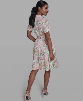 Women's Printed Short-Sleeve Tie-Waist Collared Shirt Dress