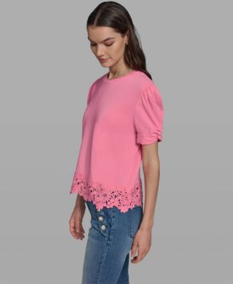 Women's Crew Neck Short-Sleeve Floral Crochet-Trim Top