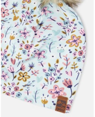 Baby Girls Stretch Jersey Hat Blue Mini Flower Print with Pompom