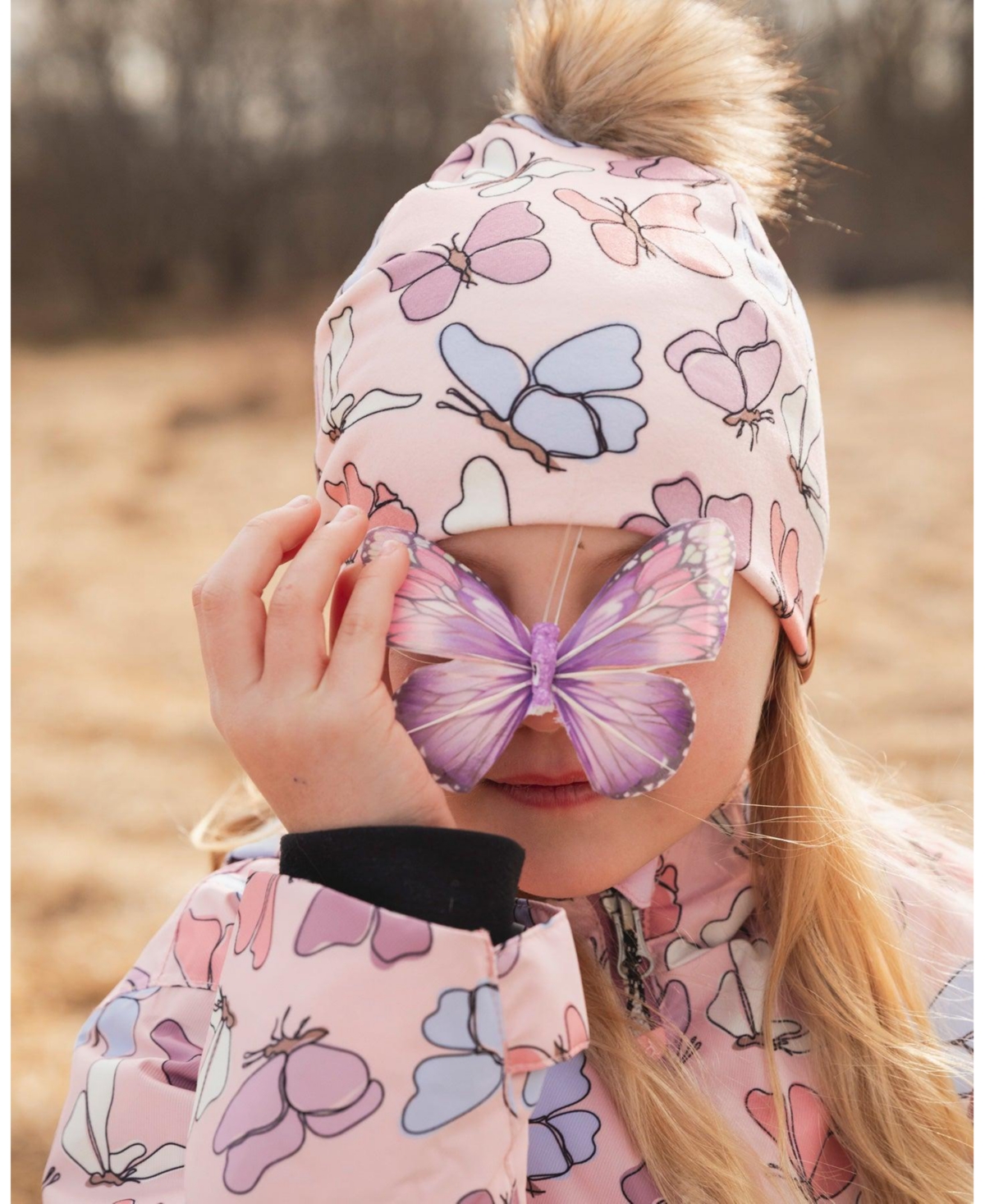 Deux par Girl Stretch Jersey Hat Pink Printed Butterflies with Pompom