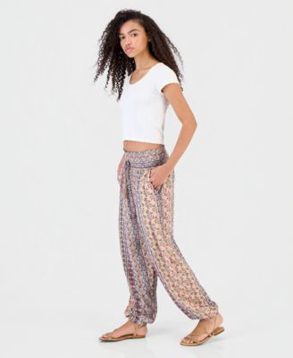 Juniors' Smocked-Waist Printed Joggers
