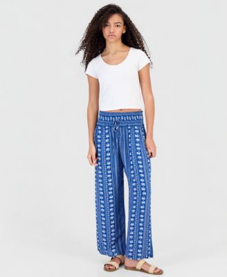 Juniors' High-Rise Wide-Leg Smock-Waist Pants