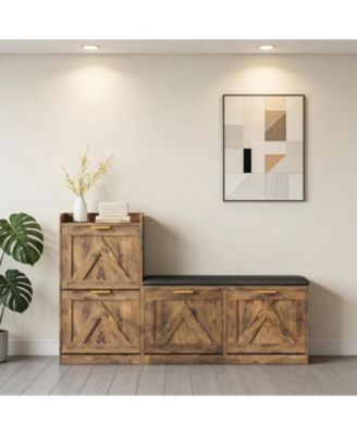 Farmhouse Entryway Shoe Cabinet with Bench & 4 Flip Drawers, Comfort Cushioned Shoe Storage