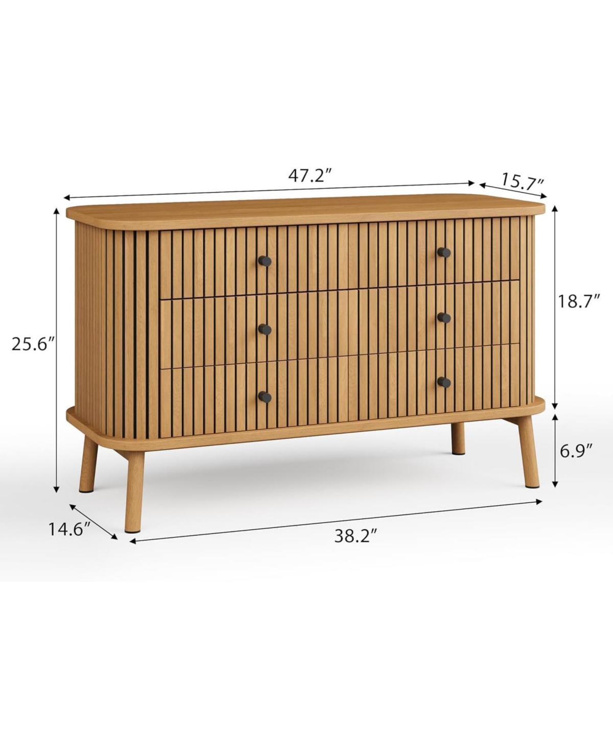 gaomon 6 Drawer Dresser, Horizontal Chests of Double Drawers for Bedroom, Mid Century Dresser with Black Handles and Wooden Legs