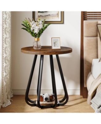 Small Round Side Table, 2-Tier Sofa End Table with Metal Frame and Lower Shelf, Wooden Bedside Nightstand, Vintage Brown & Black