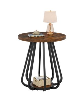 Small Round Side Table, 2-Tier Sofa End Table with Metal Frame and Lower Shelf, Wooden Bedside Nightstand, Vintage Brown & Black