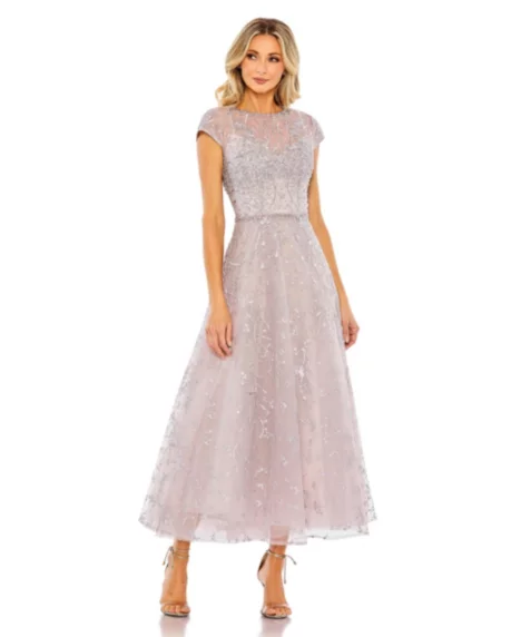 Petite Embellished High Neck Cap Sleeve A Line Dress - Lilac