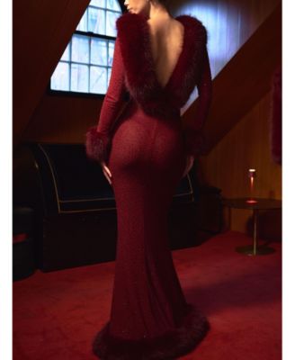 Women Mellie Burgundy Regular-Length Rhinestone Mesh Low Back Mermaid Gown
