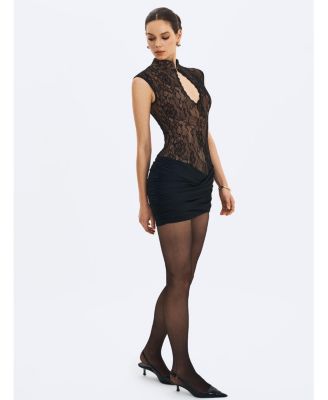 Women's Valerie Black Lace Teardrop Neckline Ruched Mini Dress