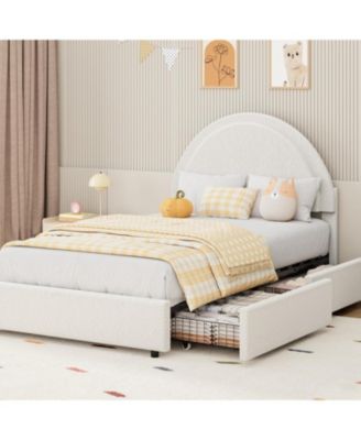 Boucle Bed Frame with 2 Storage Drawers, Soft Upholstered Platform Bed Frame with Round Headboard, Heavy Duty, Wooden Slats, Noise Free