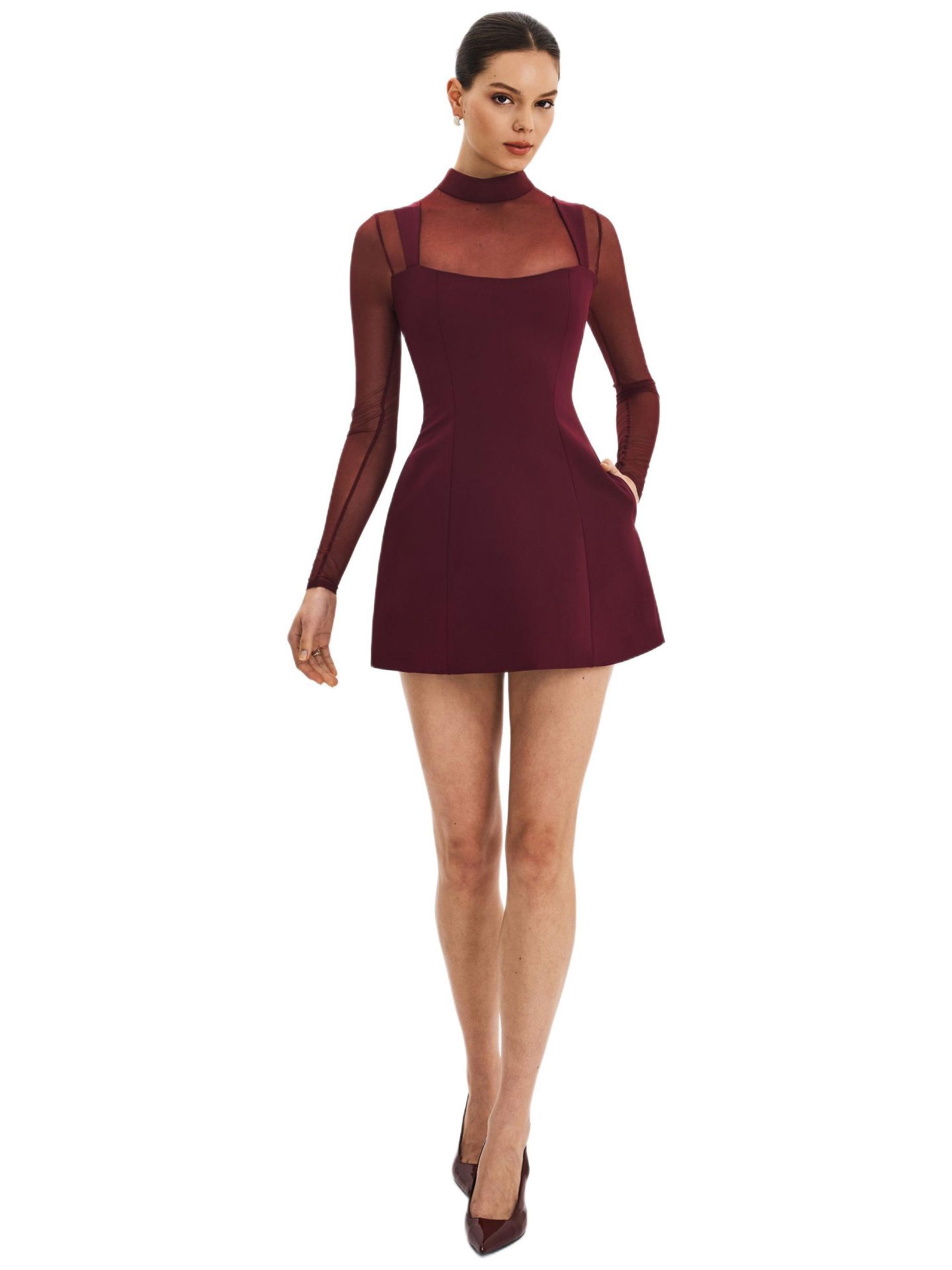 Женское платье Miss Circle Natasha Burgundy Faux Two-Piece Turtleneck Mini, цвет: Бордовый — фото 3