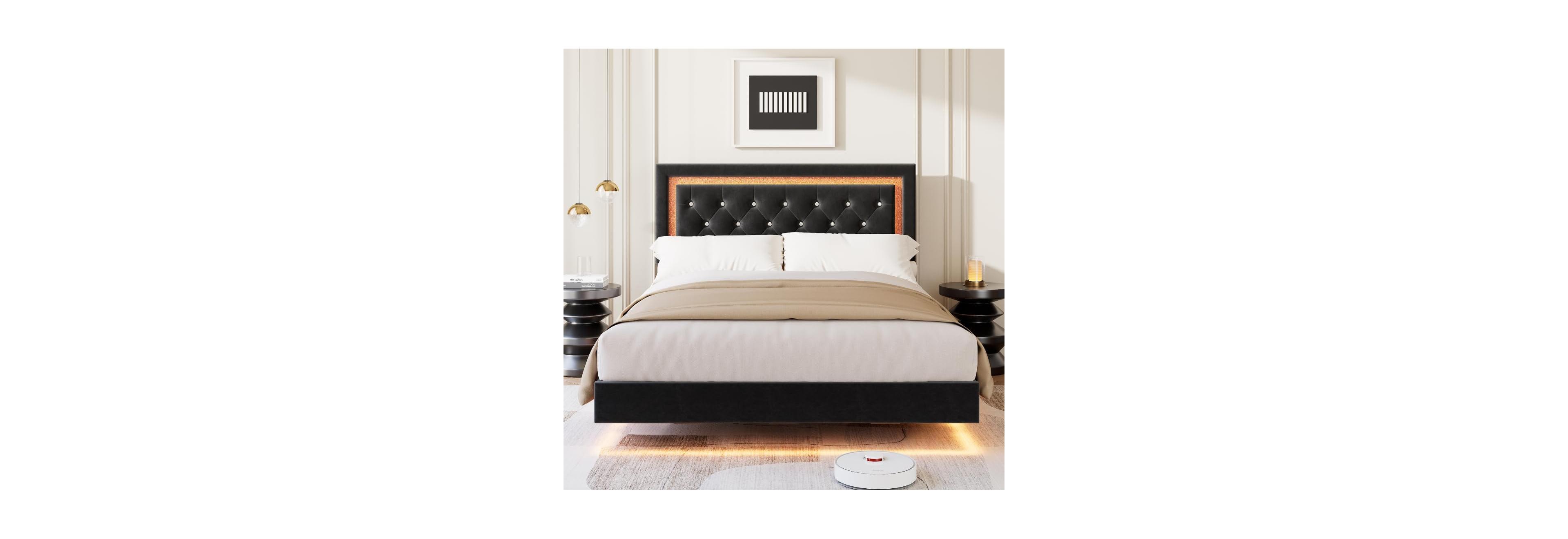 gaomon Floating Bed Frame with Smart Led Lights, Upholstered Platform Diamond Headboard, Solid Wood Slats Support