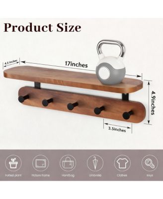 Walnut Wood Shelf & 5 Hooks Wall Rack for Coats, Bags, Living Spaces