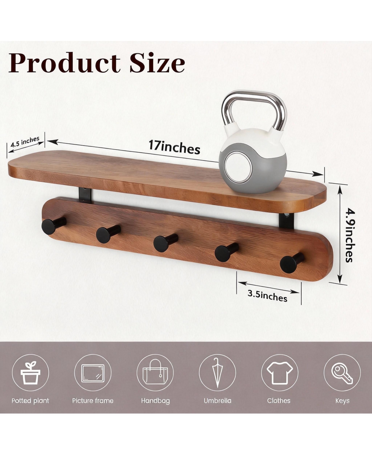 Yigii Walnut Wood Shelf & 5 Hooks Wall Rack for Coats, Bags, Living Spaces
