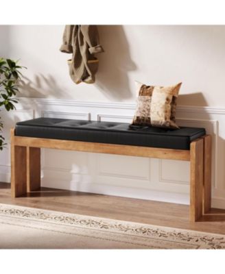 47-Inch Solid Wood Entryway Bench, Modern End of Bed Bench with Button-Tufted Leather Pad and Wooden Legs