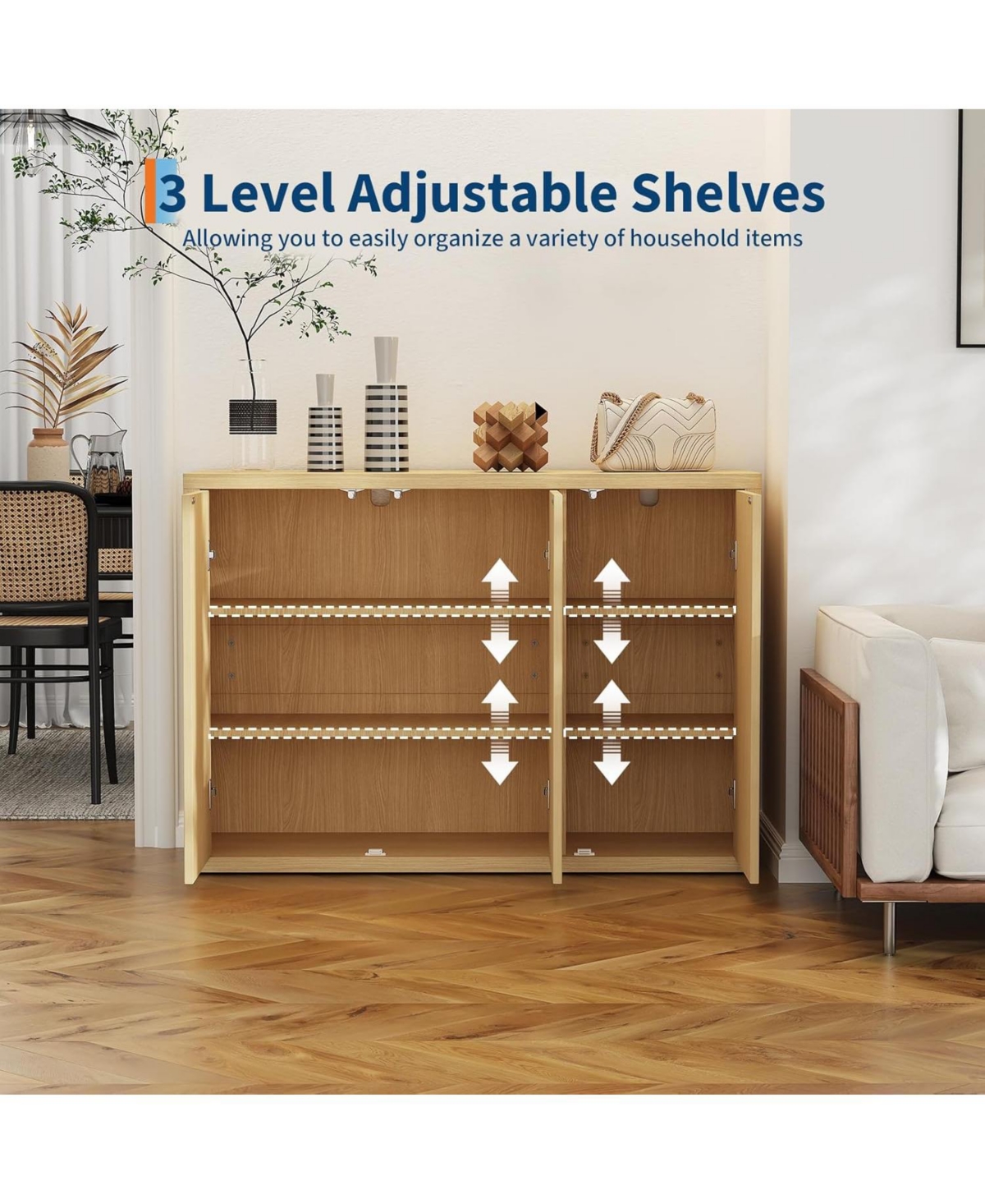 gaomon 46.7" Buffet Sideboard Cabinet with Storage, Modern Fluted ent Credenza with Adjustable Shelves and 3 Doors, Wood Coffee Bar Console Table