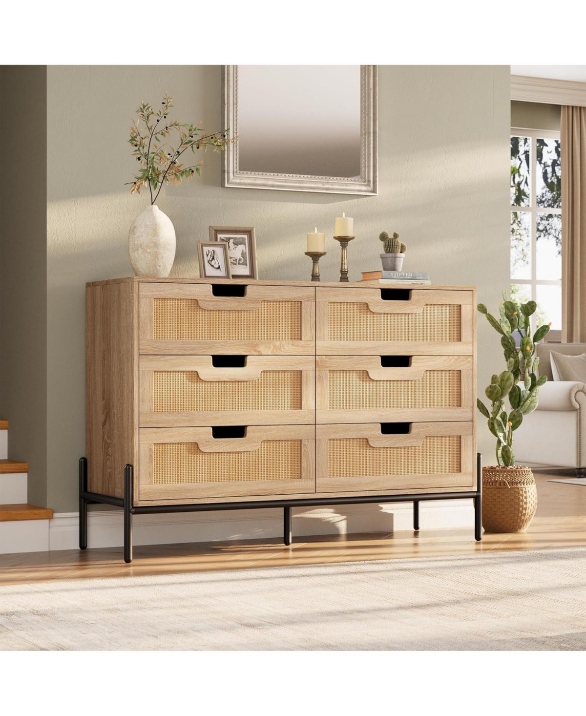 gaomon Rattan Drawer Dresser for Bedroom, Modern Farmhouse Wooden Storage Cabinet with