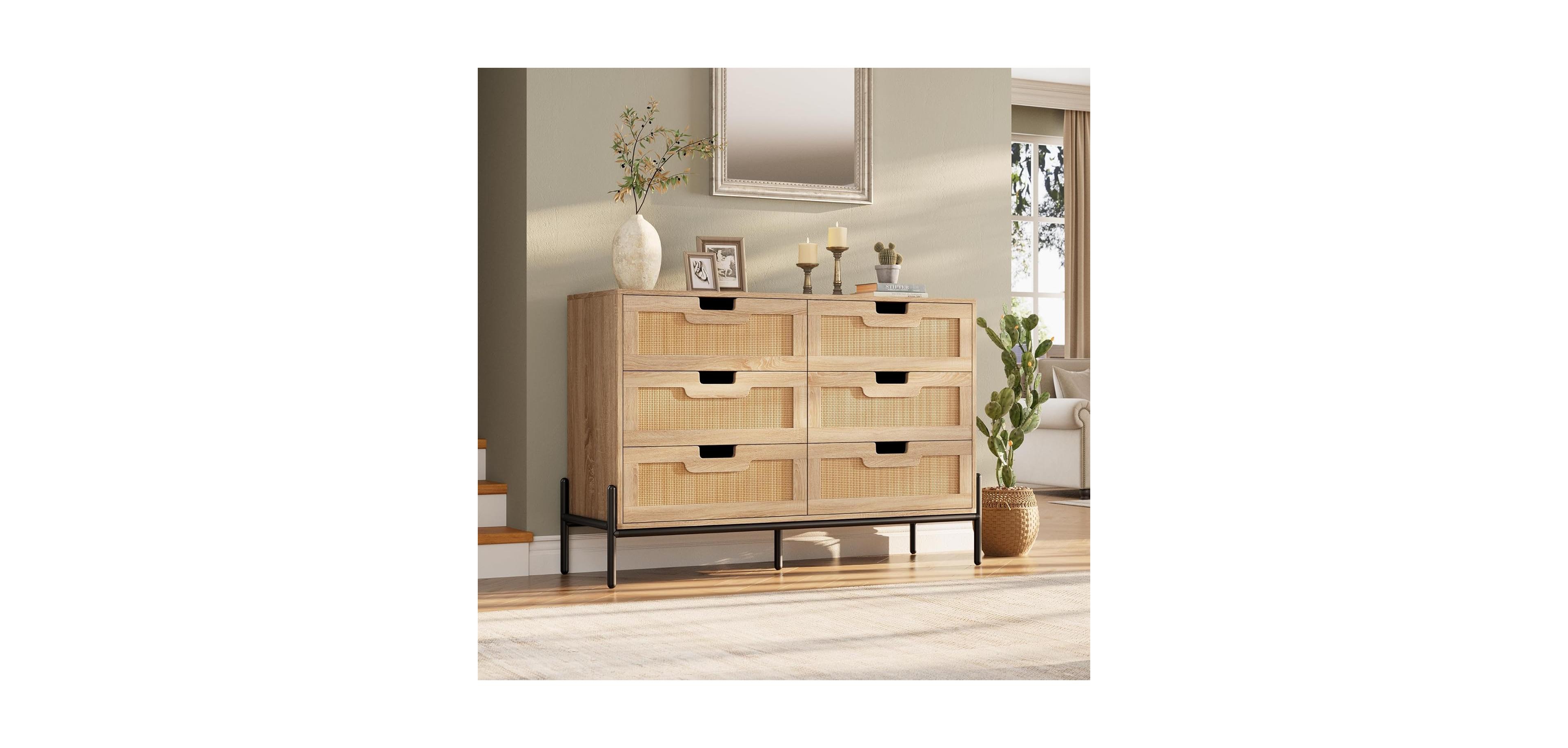 gaomon Rattan 6 Drawer Dresser for Bedroom, Modern Farmhouse Wooden Storage Cabinet with Legs, Dressers & Chests of Drawers