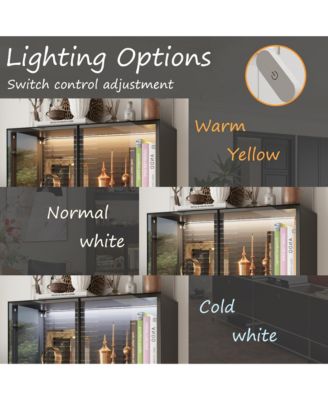 Display Cabinet with 2 Glass Doors and Lights, 4-Tier Storage Shelves and 2 Drawers