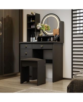 Light Mirror 5-Drawers Black Wood Makeup Vanity Set Dressing Desk