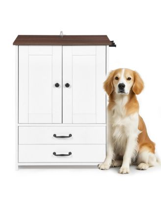 Dog Feeding Station Cabinet with Pull-Out Bowls, Double Doors, and Side Hooks, White