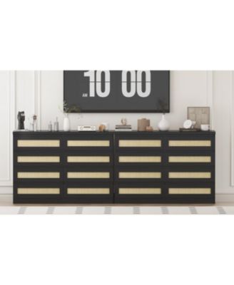 Rattan Dresser for Bedroom, Modern 8 Drawer Wooden Dresser Chest, Wide Wood Beside Table for Closet, Nursery, Living Room and Entryway