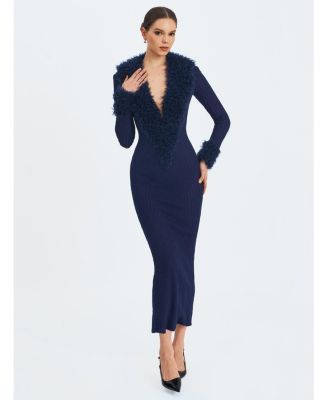 Women's Romina Navy Plunging Fur Trimmed Crochet Maxi Dress