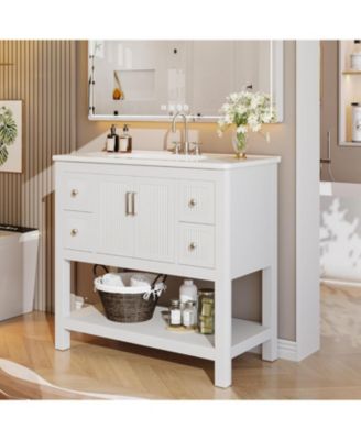 36" Bathroom Vanity with Sink, Modern Freestanding Vanity with Ceramic Porcelain Basin, 2-Door Storage Cabinet & Open Shelf