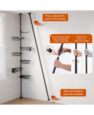Adjustable Tension Pole Shower Caddy with 6 Rust-Resistant Corner Shelves, Towel Bar and Soap Dish