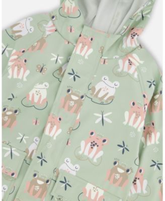 Toddler Girls Rain Jacket in Polyurethane Green Frog Print