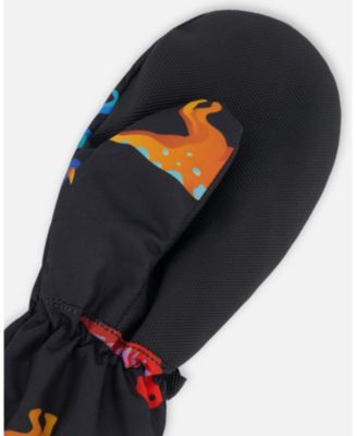 Boy Mid-Season Mittens in Polyester Black Dinosaur Print