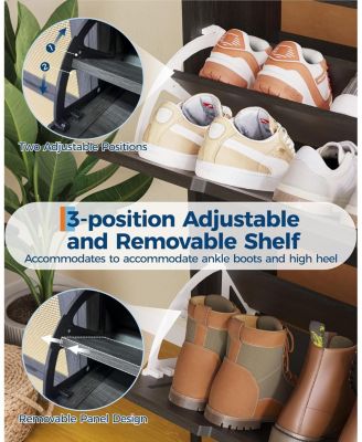 Rattan Shoe Cabinet with 4 Flip Drawers & 2 Top Drawers, Slim Wooden Freestanding Shoe Organizer with Adjustable Shelves