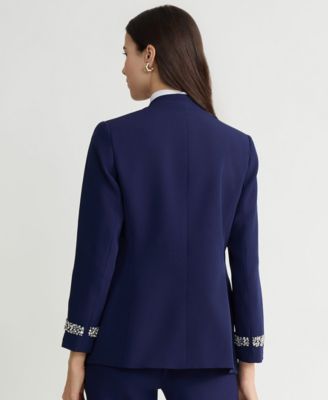 Women's Stretch Crepe Collarless Embellished Bracelet-Sleeve Jacket