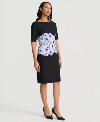 Women's Printed Scuba Crepe Elbow-Sleeve Sheath Dress